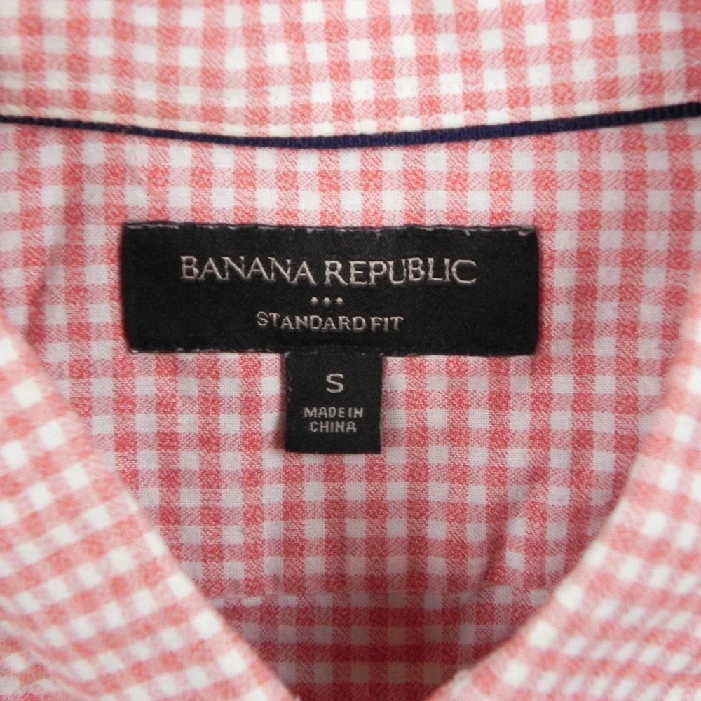Banana‎ Republic Shirt Mens Small Standard Fit Button Pink Gingham Short Sleeve